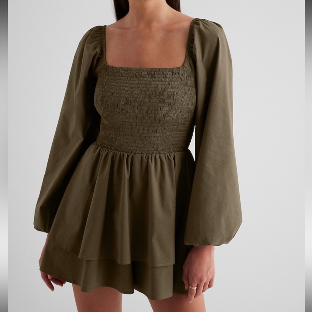 Express Square Neck Long Sleeve Smocked Poplin Romper